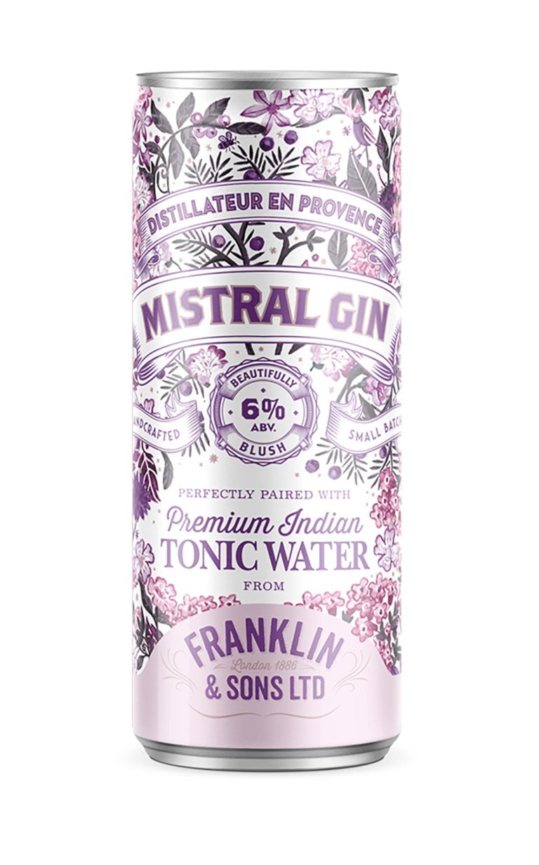 Gin and tonic premix in can, artisanal rosé dry gin MistralGin
