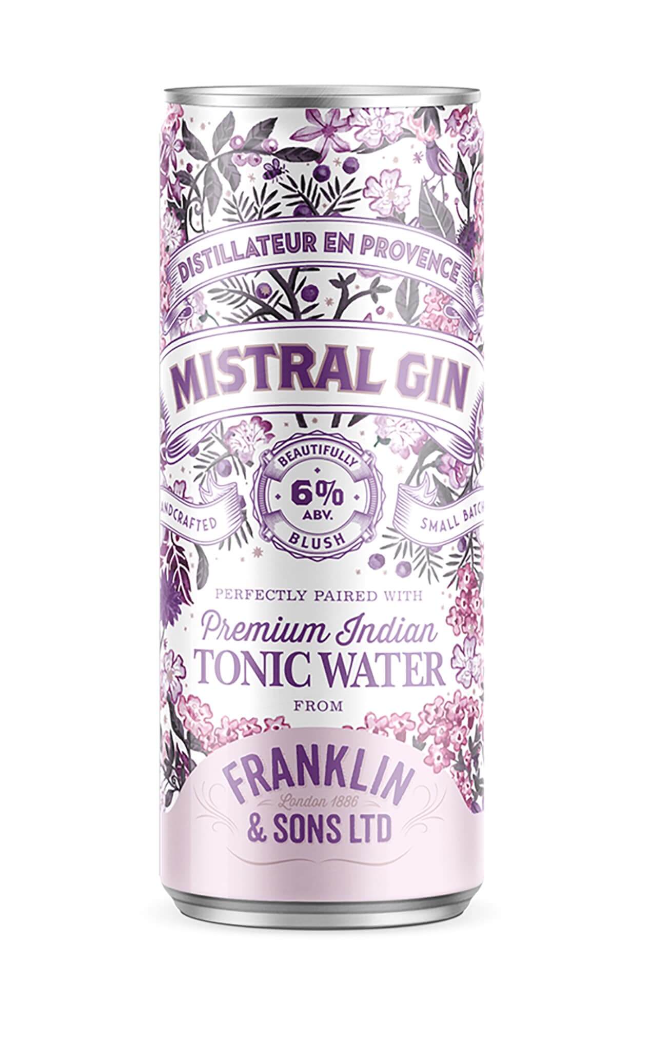 Gin and tonic premix in can, artisanal rosé dry gin MistralGin